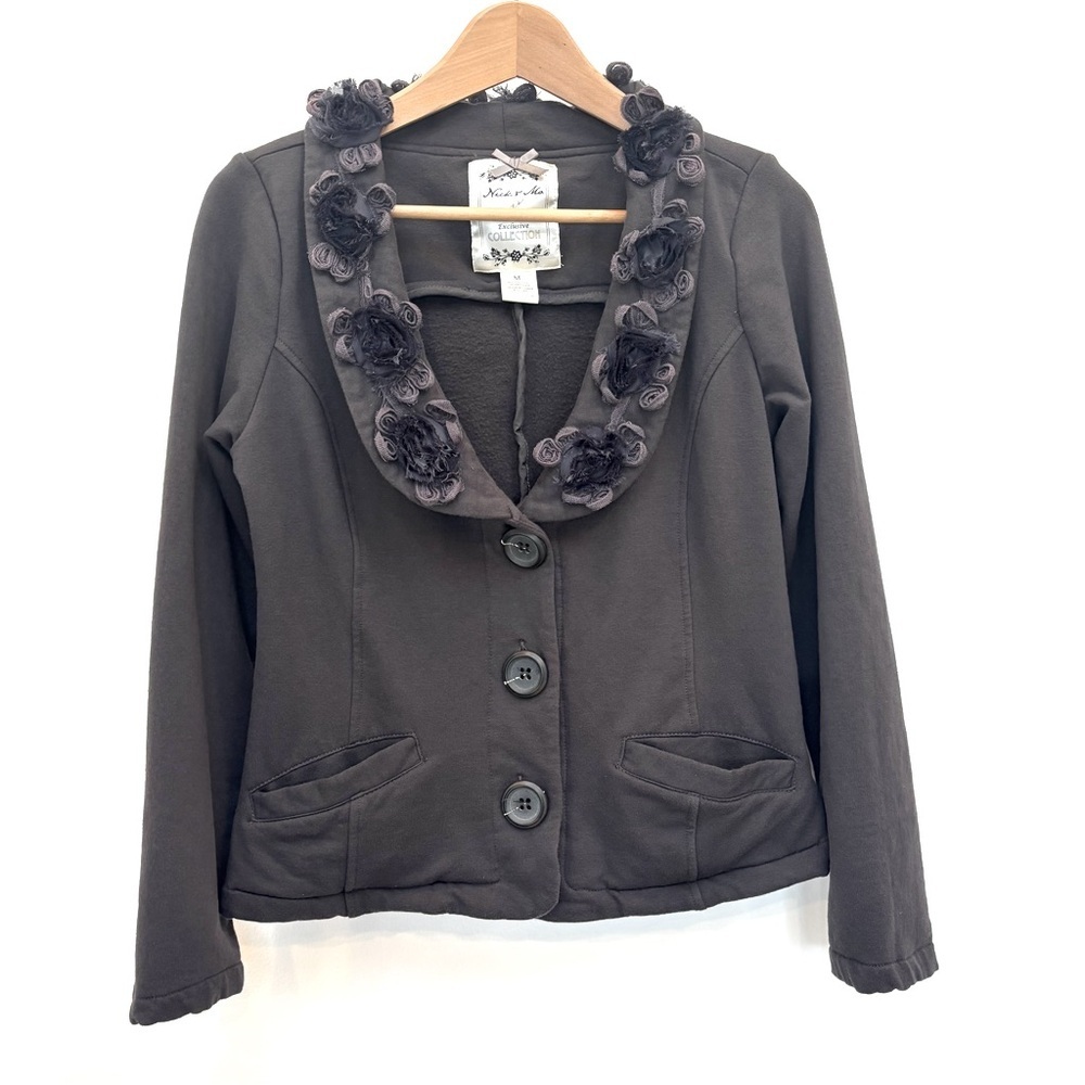 Nick & Mo Floral Embellished Fitted Sweatshirt Blazer Jacket Charcoal Gray M